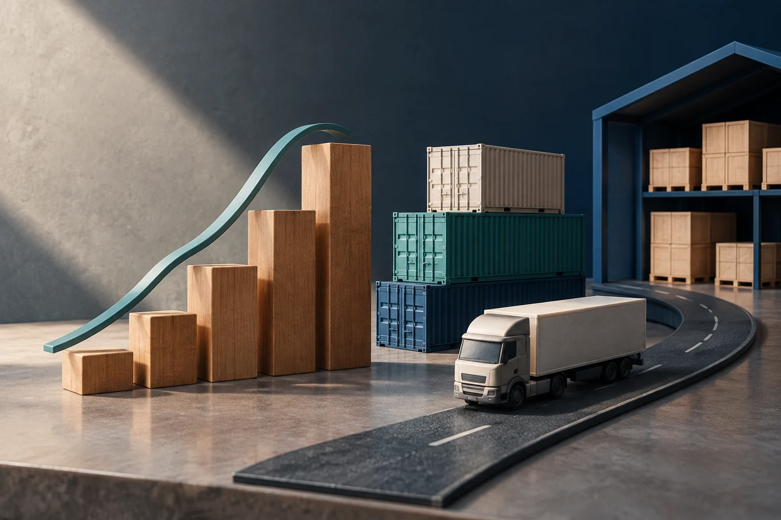 Conceptual illustration of an upward curve beside boxes of different sizes, stacked containers, a truck on a curved road, and shelves holding boxes in a warehouse.