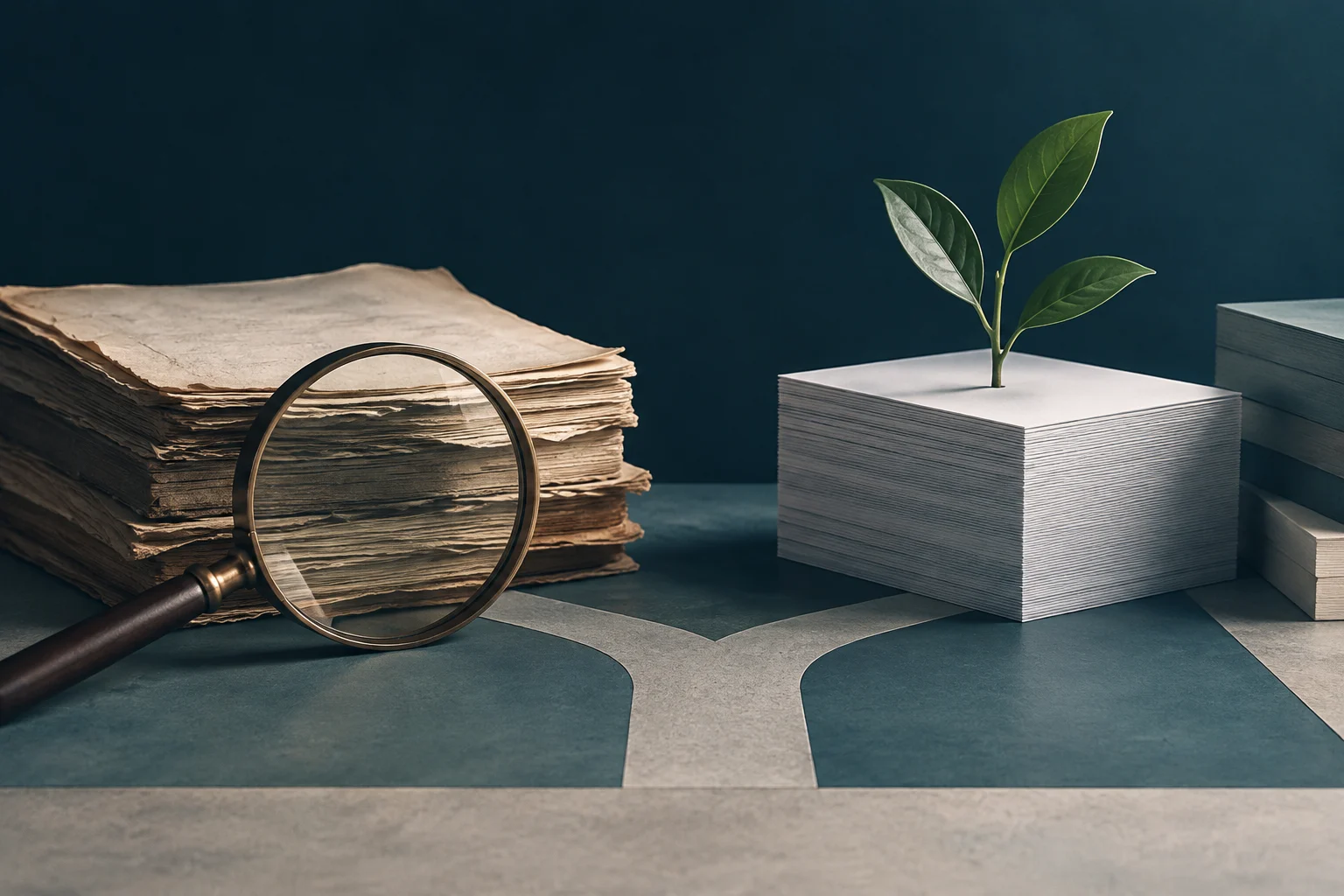 A magnifying glass examines a stack of aged paper sheets beside a stack of fresh pages with a small green plant sprouting from it.