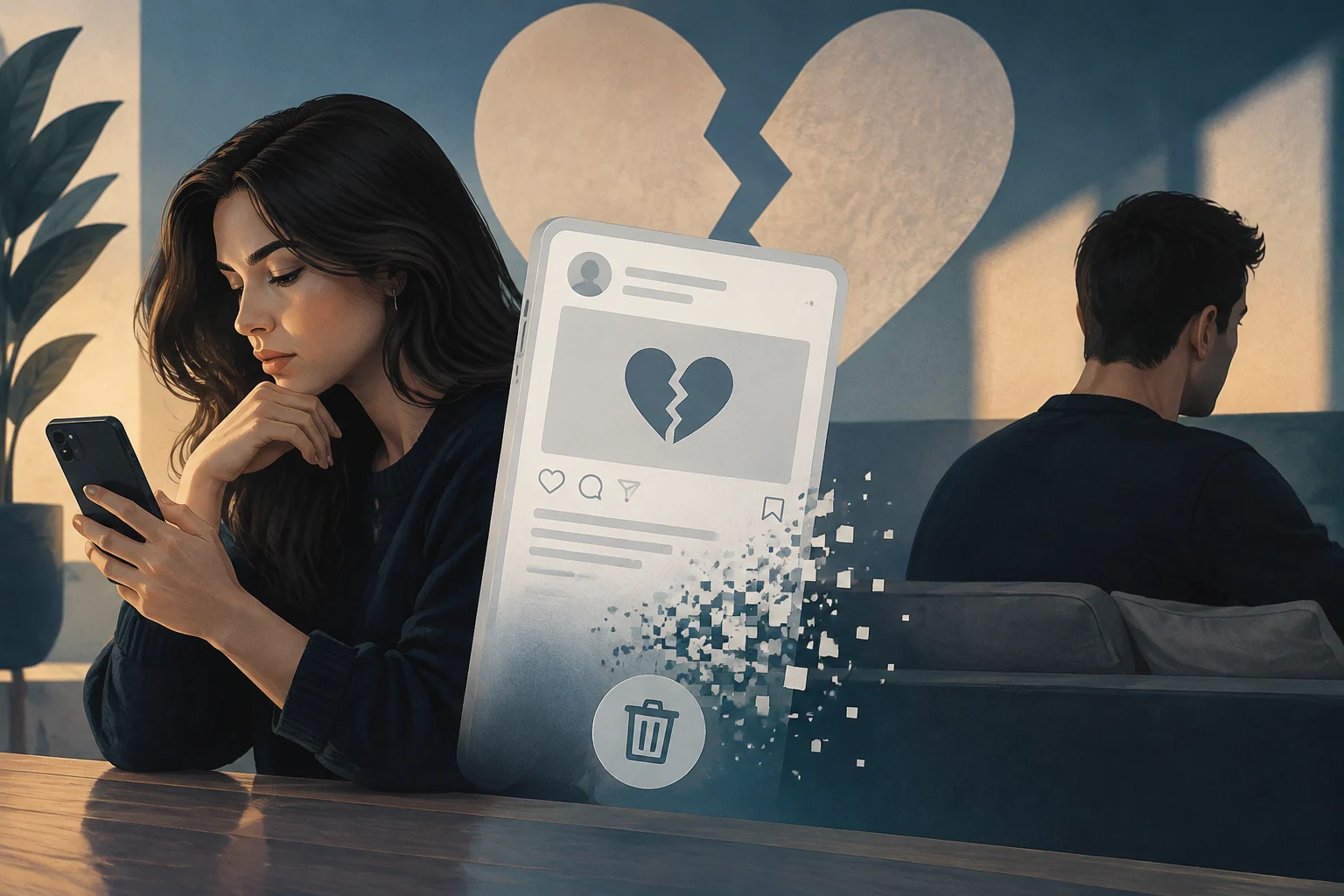 A woman looks at her phone beside an illustrated post showing a broken heart that dissolves into fragments toward a trash-bin icon; in the background, a man sits with his back turned, and another broken heart is visible.