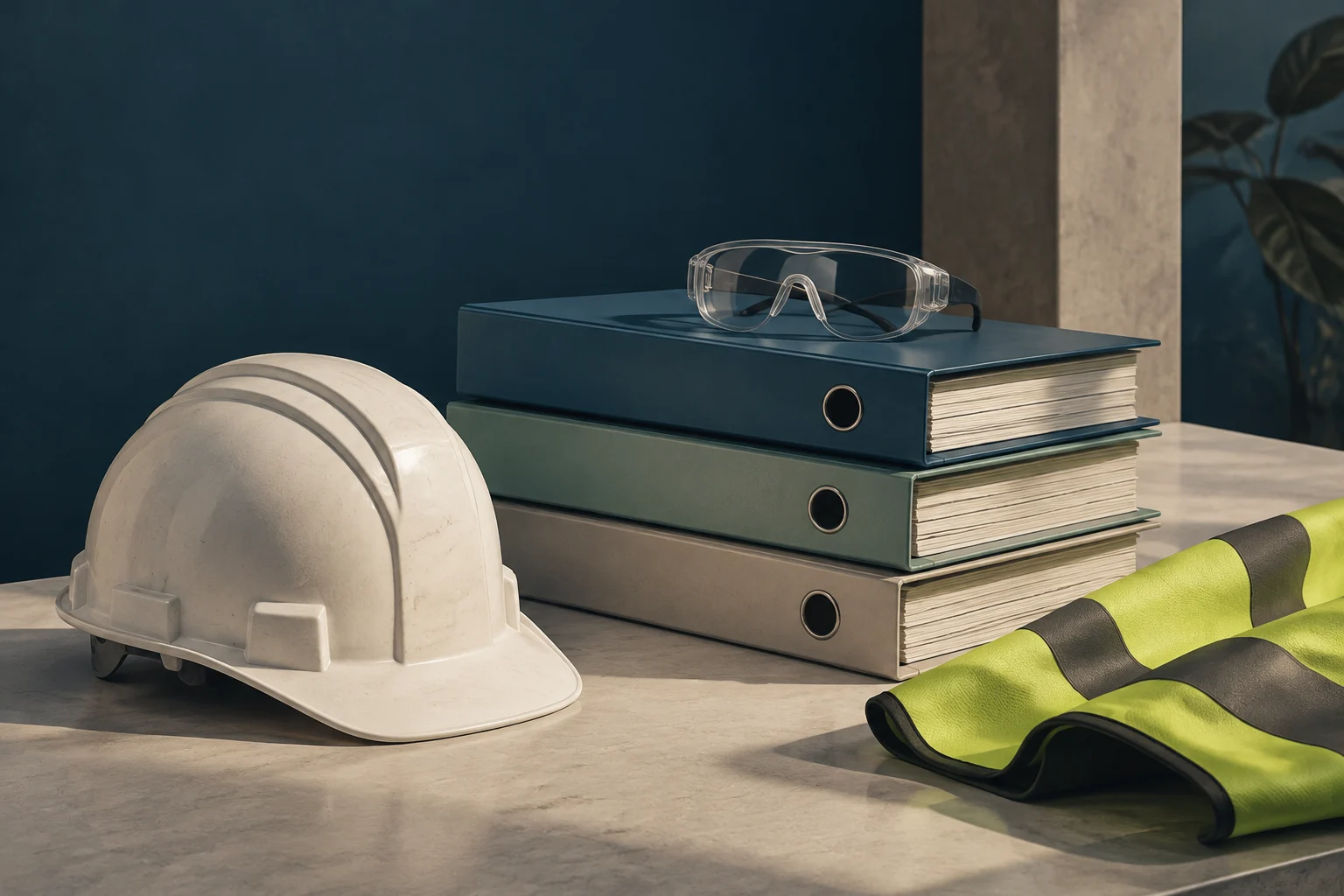 A white hard hat and safety glasses sit beside three thick binders and a high-visibility vest on a table.