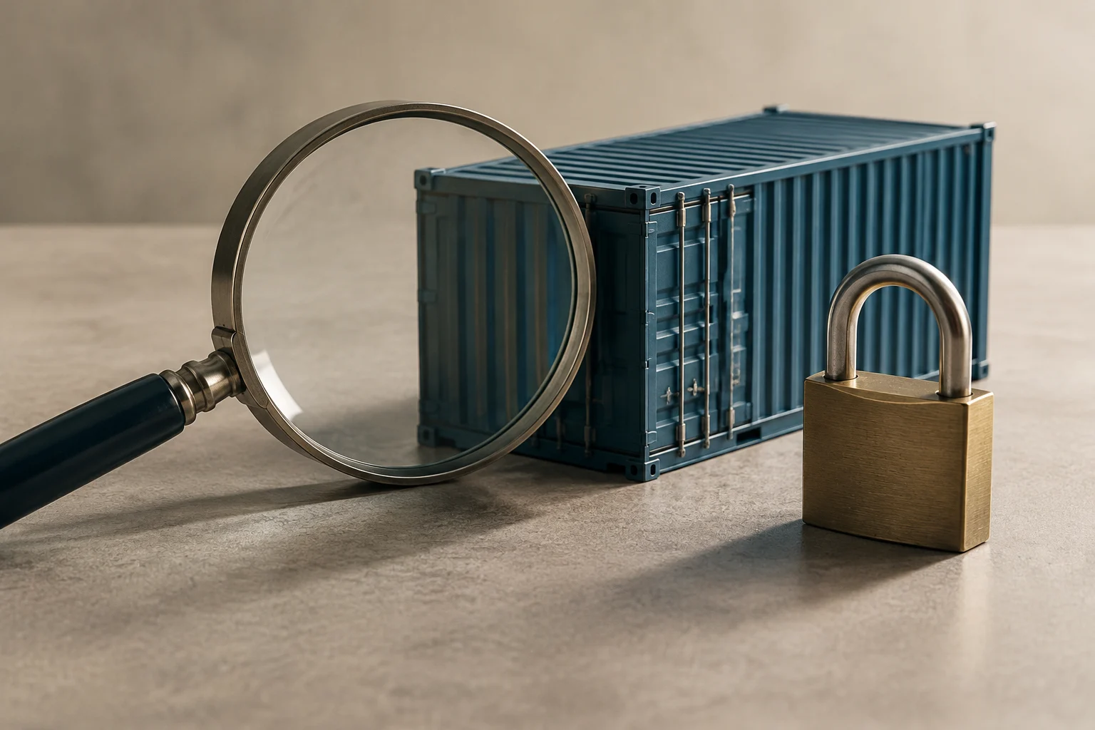 A metal magnifying glass and a brass padlock placed on a grey surface, with a blue shipping container in the background.