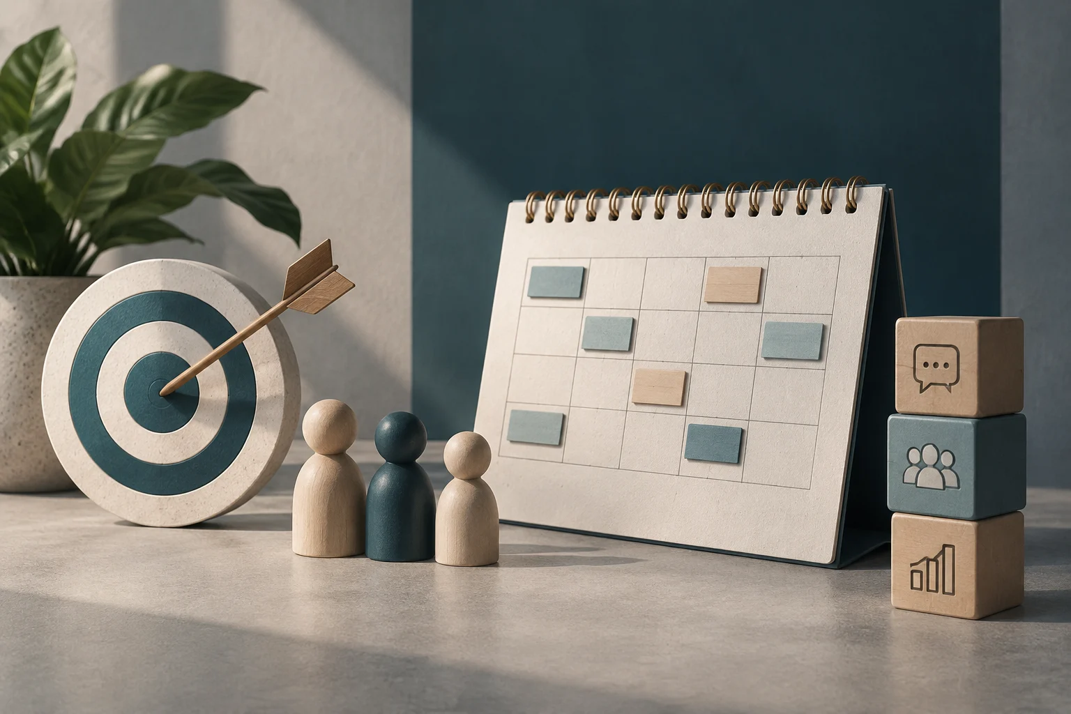 Conceptual illustration of a desk calendar with colored notes, a target pierced by an arrow, and wooden figures; beside it are blocks showing conversation, audience, and metrics symbols.