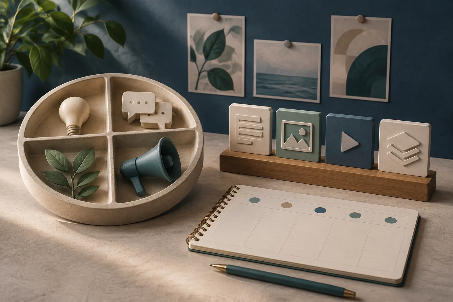 An open planner with no visible text or dates sits beside tiles bearing icons for text, images, video, and a carousel. Nearby, a divided bowl holds a light bulb, a branch, speech bubbles, and a megaphone.