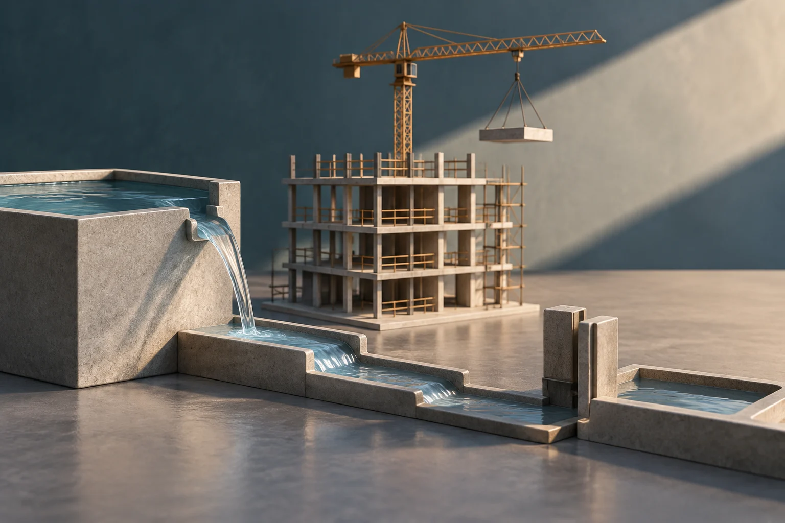 Conceptual 3D illustration showing a flow of water falling from a concrete reservoir into a series of channels and a gate, with a model of a building under construction and a yellow crane in the background.