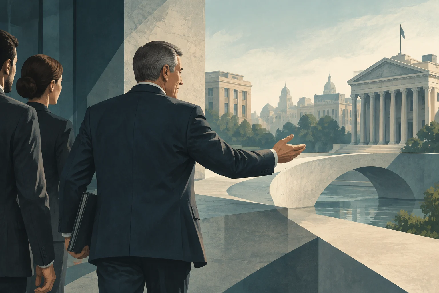 Illustration of a gray-haired man in a suit, accompanied by two people, gesturing toward institutional buildings across a plaza with a bridge over water.