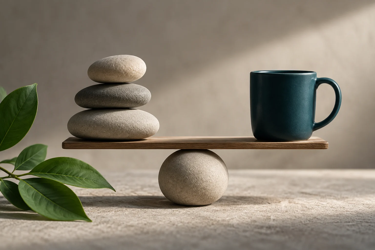 A wooden plank balanced on a stone sphere, with a stack of smooth stones on one side and a dark blue coffee mug on the other, accompanied by a green leafy branch.