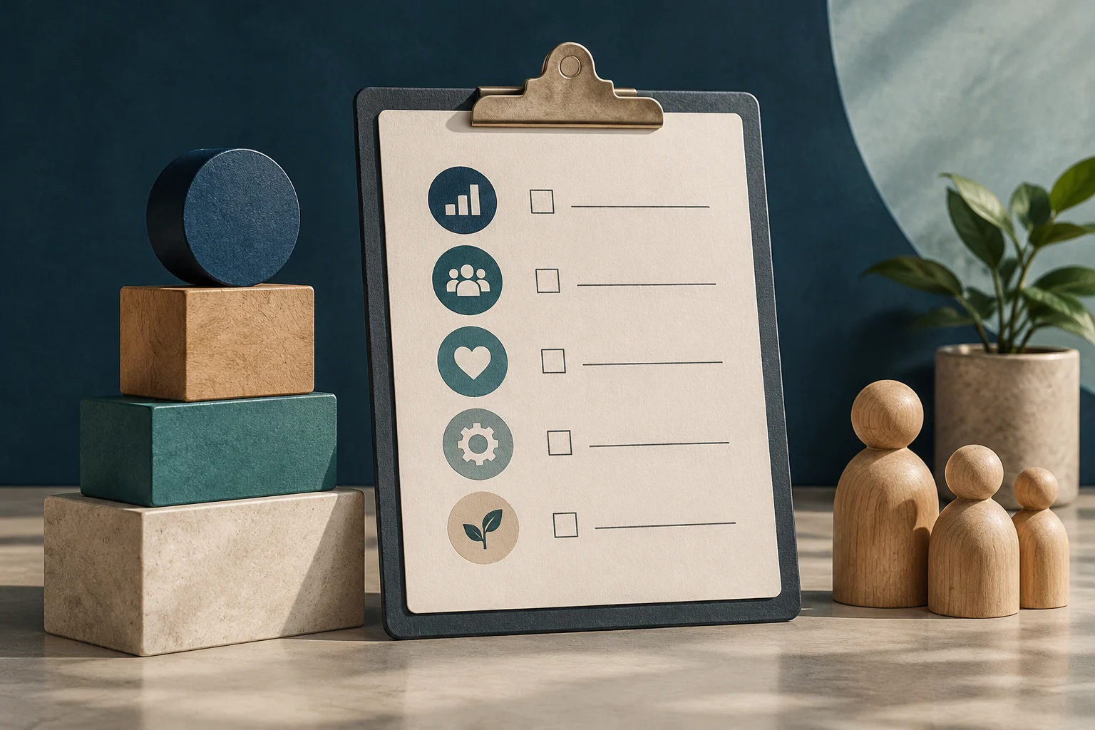 A checklist on a clipboard shows five blank rows with icons of bars, people, a heart, a gear, and a sprout. Stacked blocks sit beside it, with three wooden figures of different sizes on the other side.