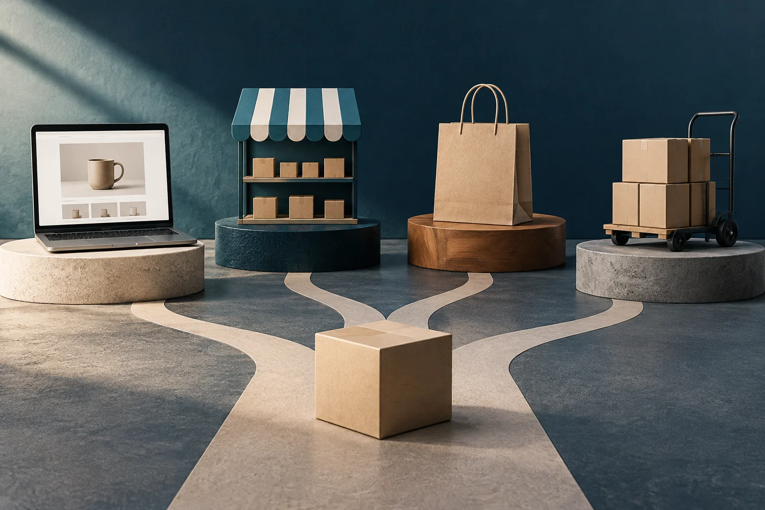 Conceptual illustration showing four objects on pedestals connected by paths to a central box: a laptop with an online store, a market kiosk, a paper bag, and a delivery cart with boxes.