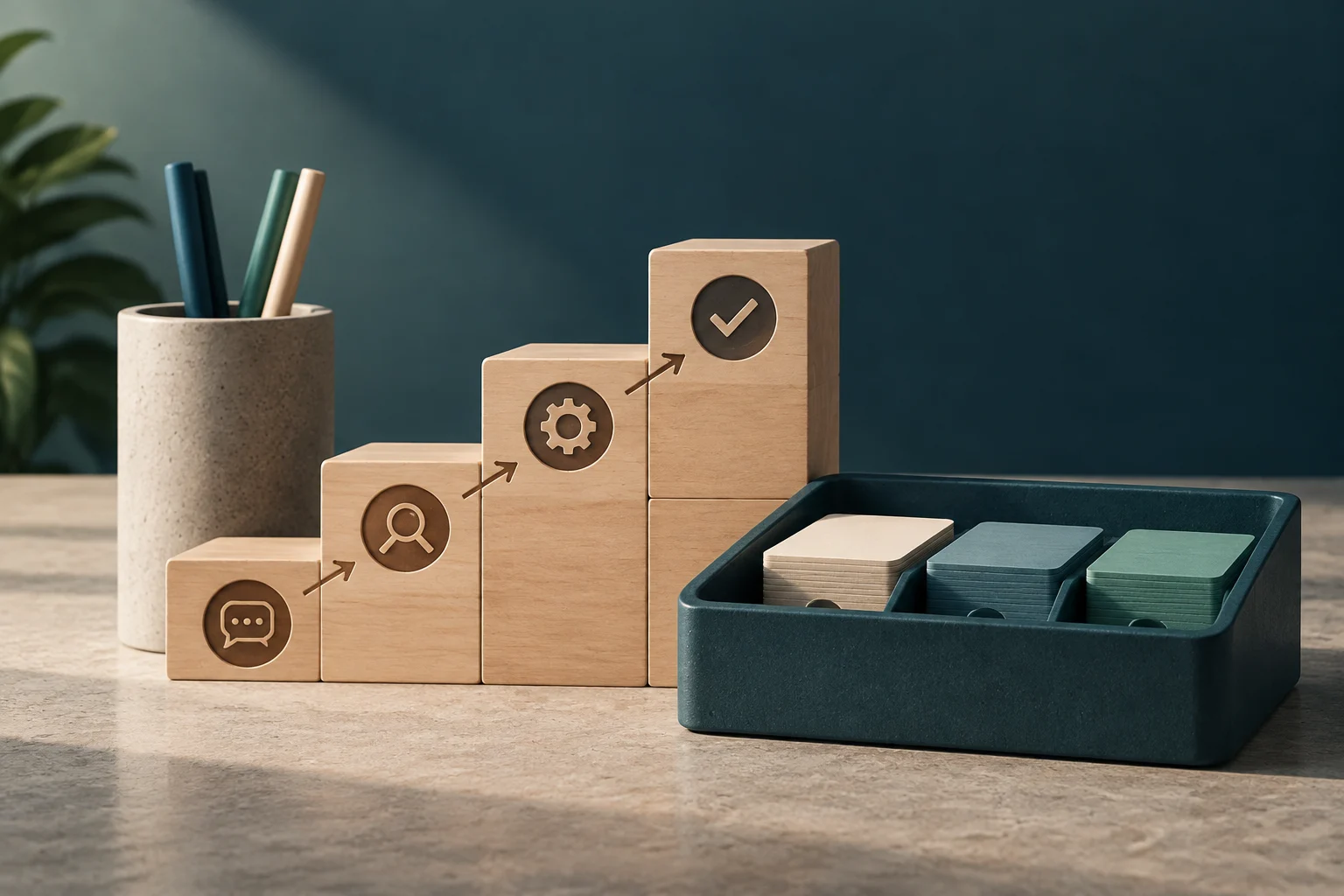 Wooden blocks stacked in a staircase shape with engraved icons of a chat bubble, magnifying glass, gear, and checkmark, next to a desk organizer with cards and a pen holder on a stone table.
