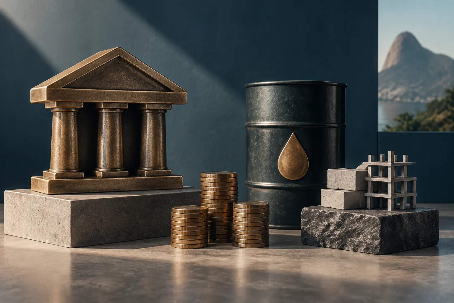 A bronze bank model with columns, stacks of gold coins, a dark barrel with a gold droplet and a small building under construction on stone blocks, with a mountain visible in the background through a window.