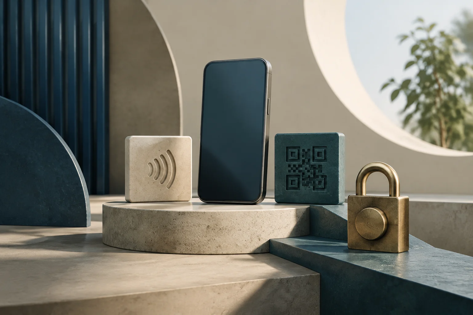 3D composition with a dark-screened smartphone in the center, a light cube with a wave symbol, a dark cube with a QR pattern and a golden padlock, on stone platforms with arches and blurred foliage in the background.