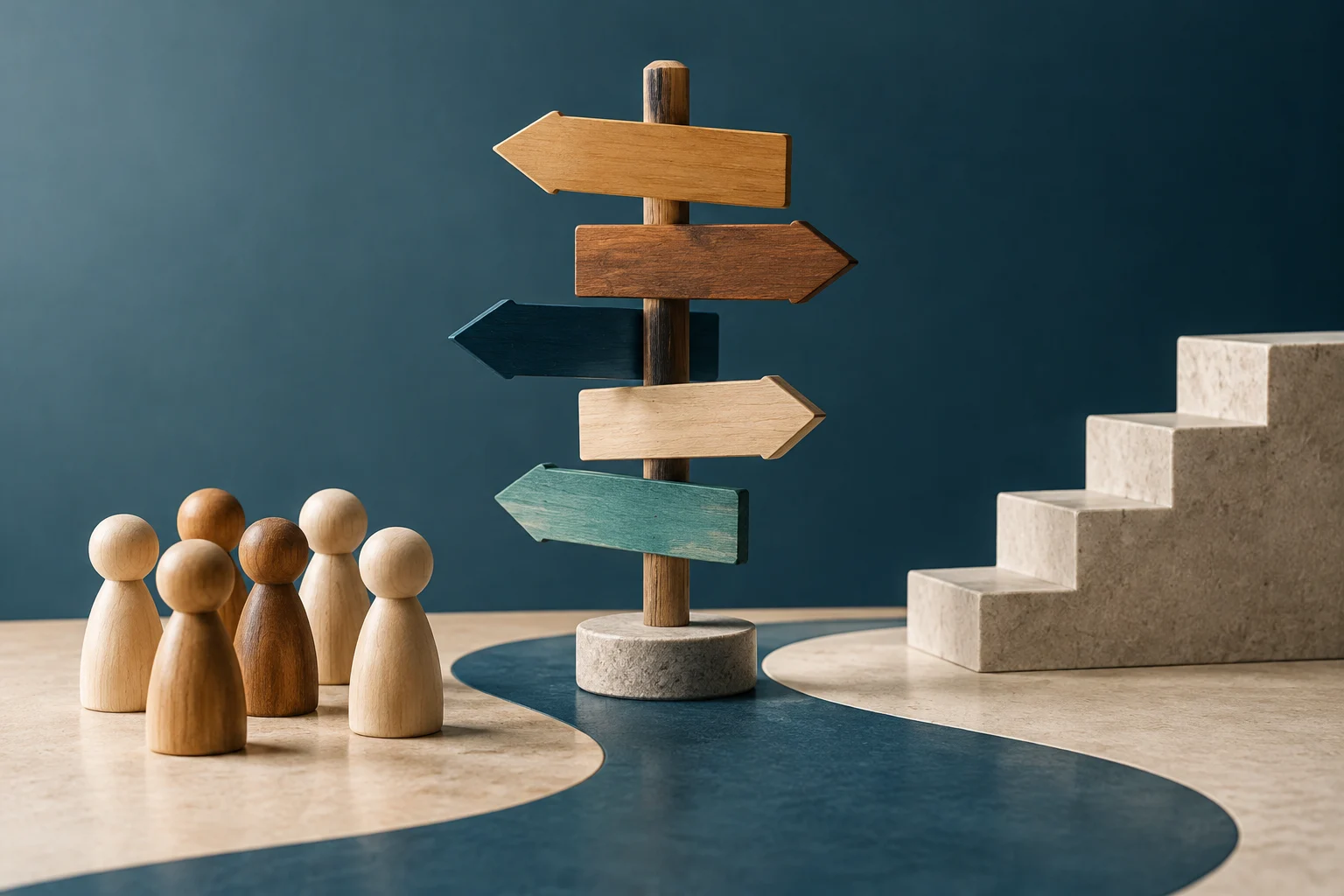 Conceptual composition with abstract wooden figures on the left, a central post holding several wooden arrows in different colors pointing in different directions, and stone steps on the right, set on a light surface with a blue band and a dark blue background.