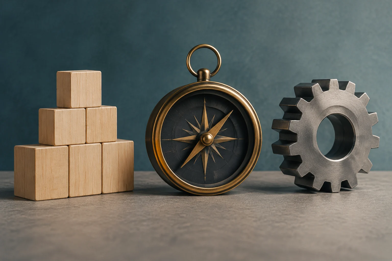 Conceptual composition featuring stacked wooden blocks, a brass compass, and a metal gear on a grey surface.