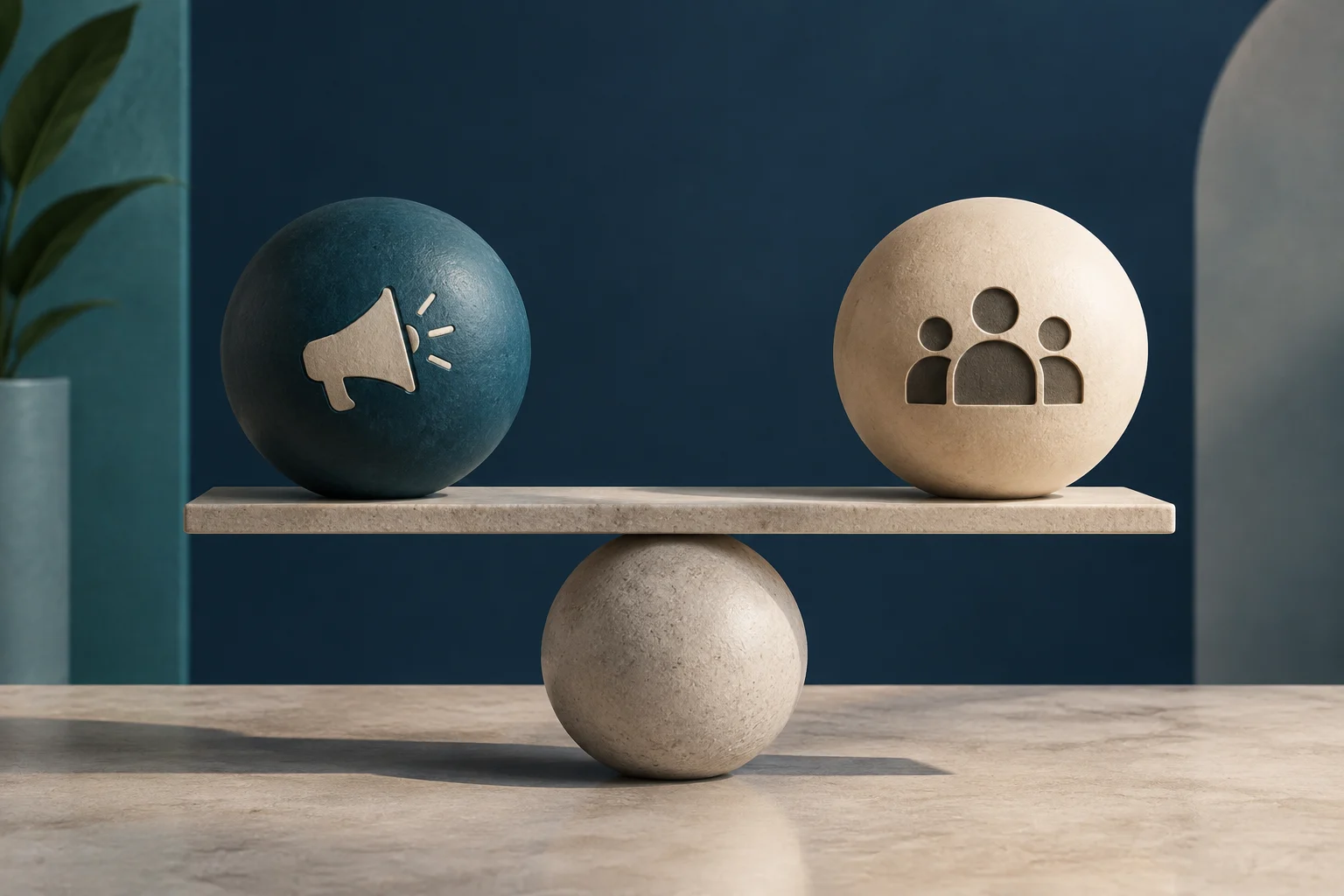 Conceptual illustration of a balanced stone scale. On the left side is a blue sphere with a megaphone icon and on the right a beige sphere with a group of people icon, set against a dark blue background.