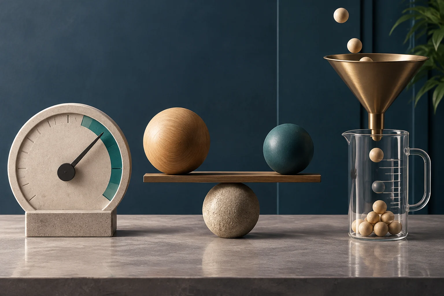 Conceptual illustration on a marble surface showing a pressure gauge on the left, a wooden balance scale with spheres in the center, and a golden funnel pouring balls into a glass pitcher on the right, against a dark blue background.