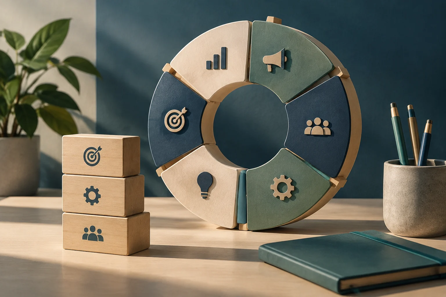 Conceptual illustration of a desk with a circular diagram of wooden pieces and marketing icons, next to stacked blocks, a notepad, and a plant.