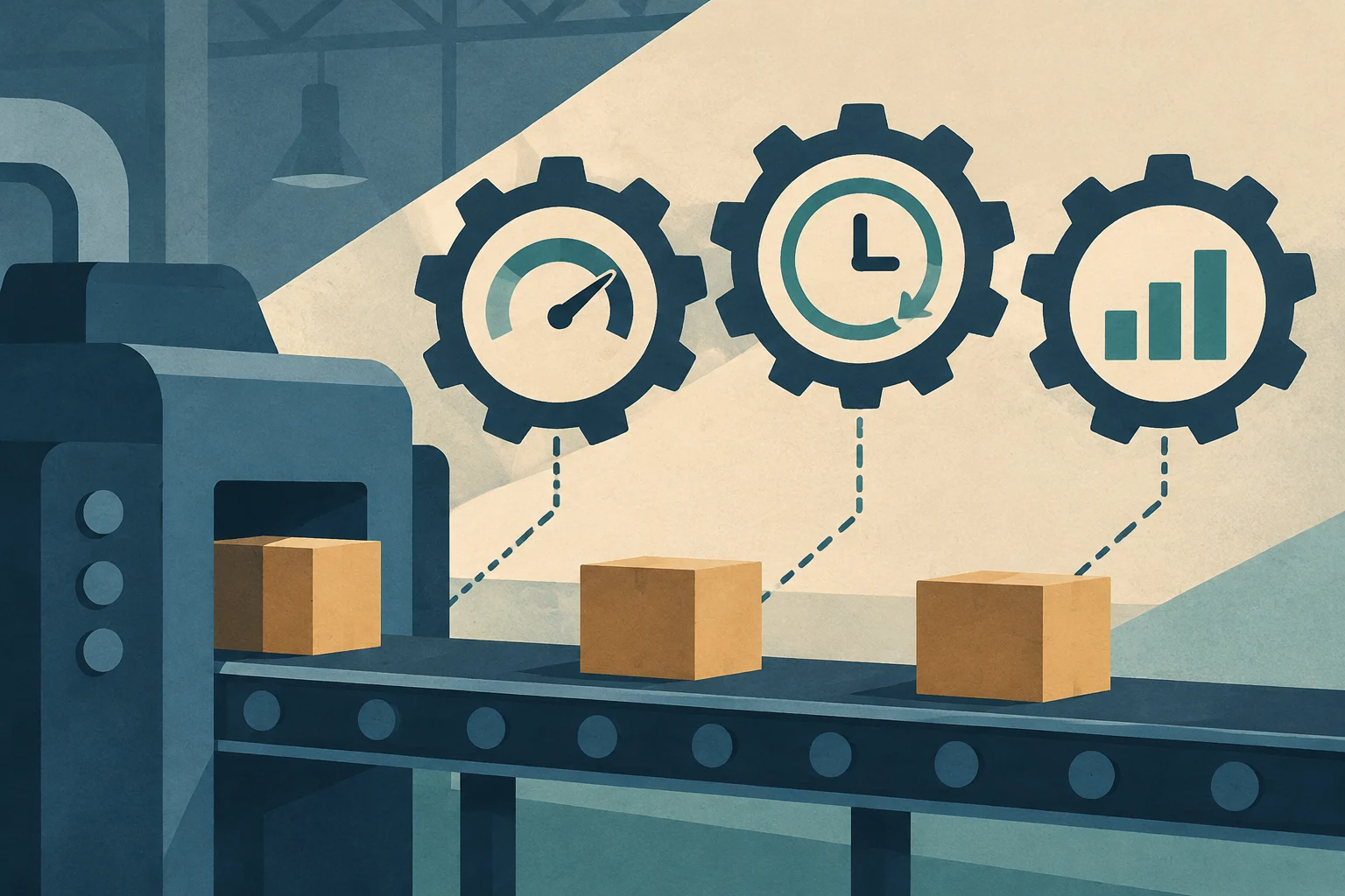 Illustration of an industrial production line with moving boxes and three gears containing measurement icons: a speedometer, a clock, and a bar chart.