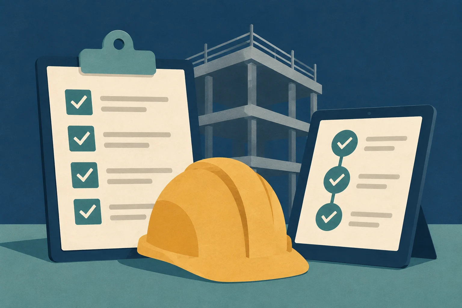Conceptual illustration of a yellow safety helmet, a construction structure in the background, and two devices displaying checklists.