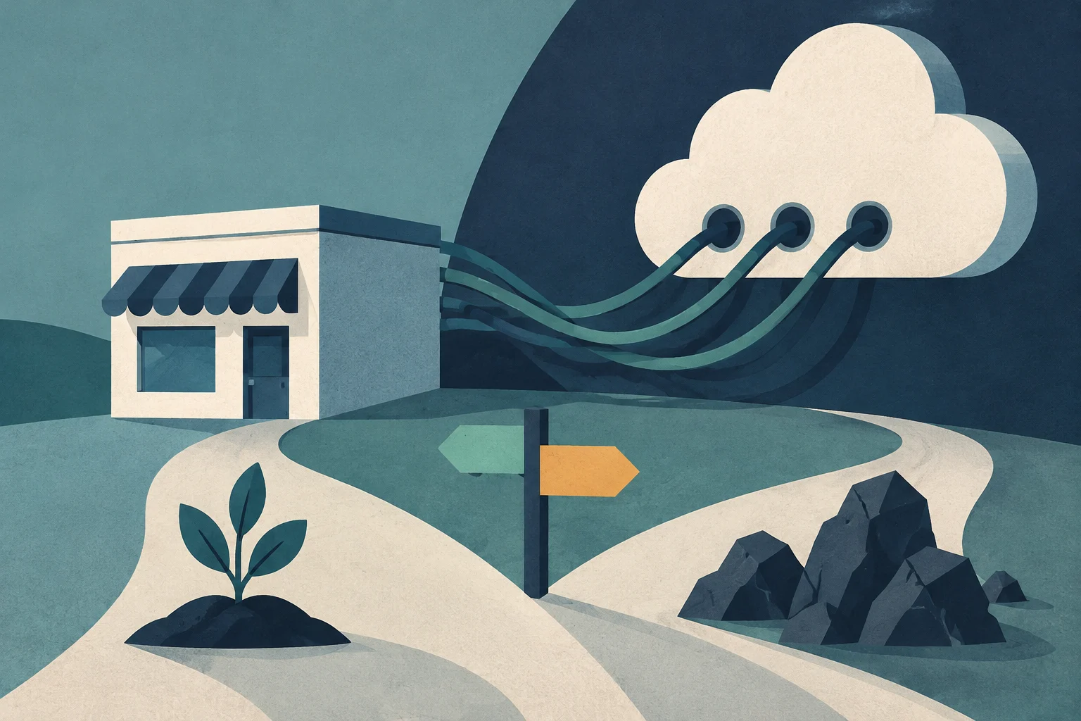Illustration of a small shop connected by several cables to a large cloud, beside branching paths and a directional sign.