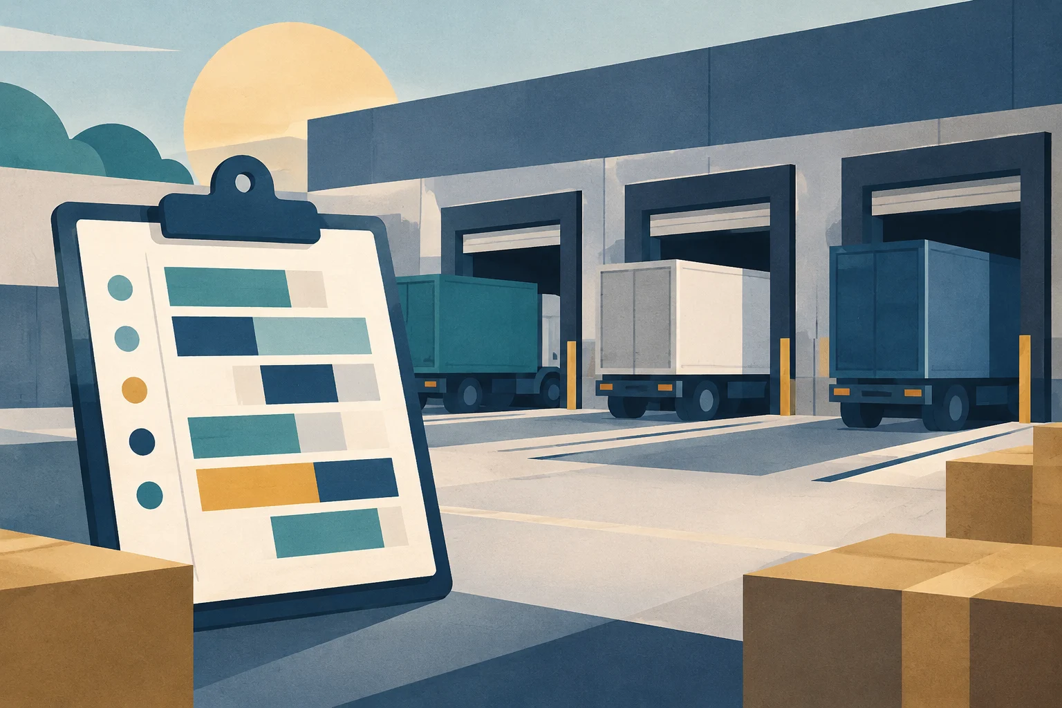 Conceptual illustration of a warehouse with loading docks and trucks, featuring a planning clipboard in the foreground and cardboard boxes.