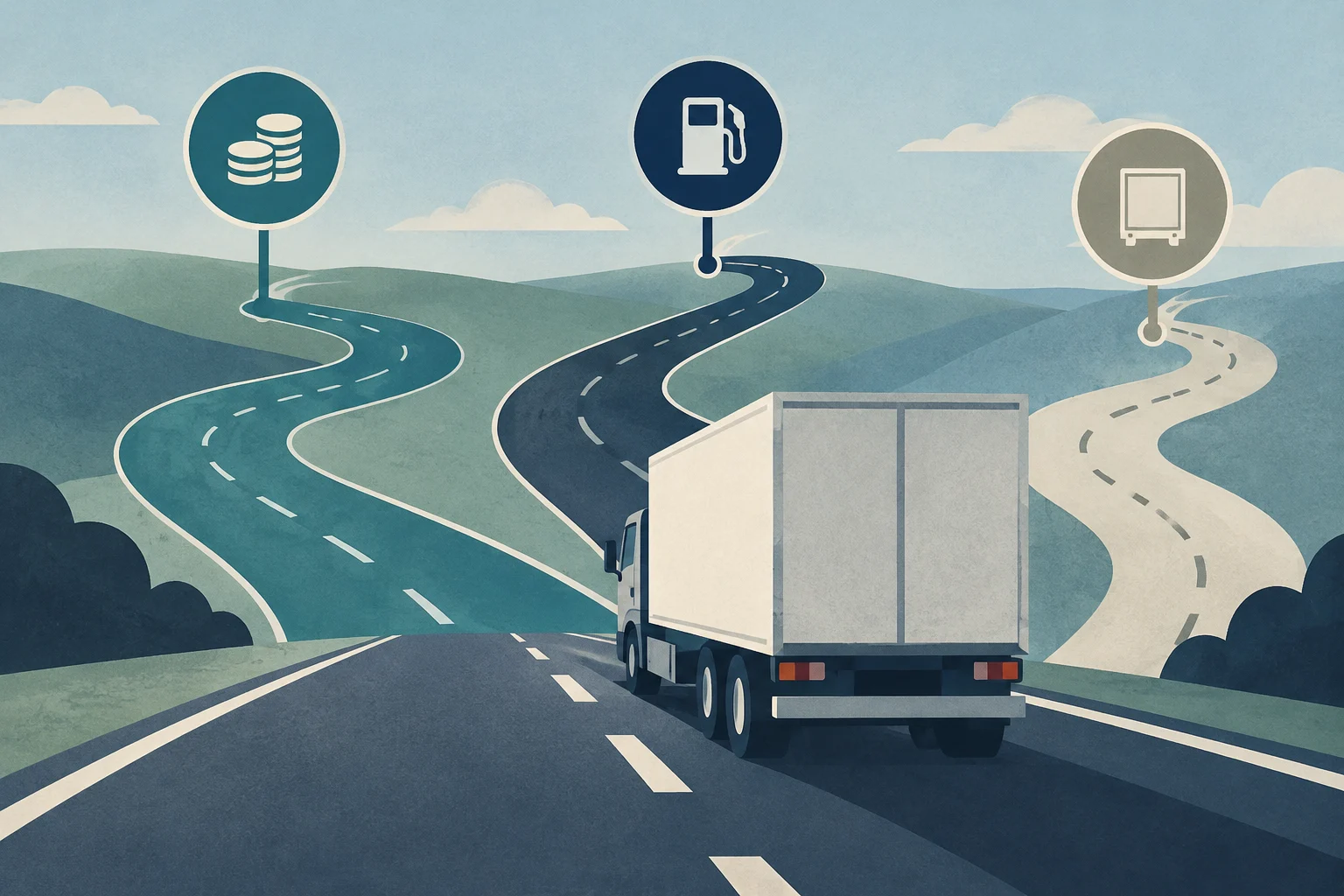 Illustration of a freight truck on a winding road through hills, with circular icons of coins, fuel, and a trailer above different stretches of the route.