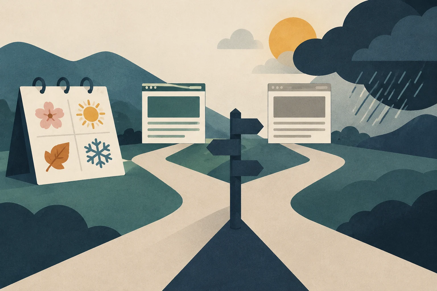 Conceptual illustration of a path forking in a mountain landscape. On the left, a calendar with season icons and a browser window under a bright sun. On the right, another browser window under a rain cloud. In the center, a signpost with arrows.