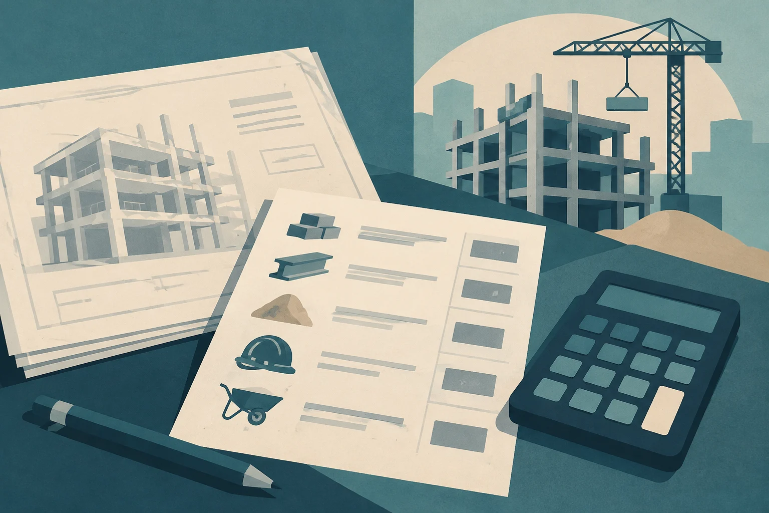 Conceptual illustration of a work desk with construction blueprints, a materials list with icons, a pencil, and a calculator, with a crane and a building under construction in the background.