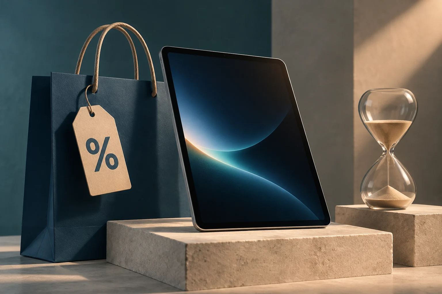 Una tableta apoyada sobre un pedestal, junto a una bolsa de compras azul con una etiqueta de porcentaje y un reloj de arena.
