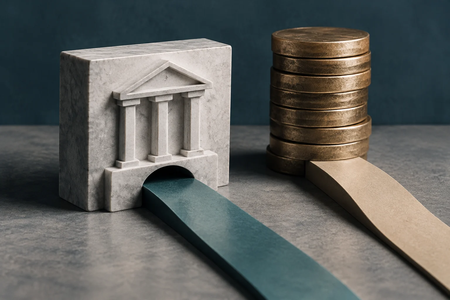 Un edificio de piedra con columnas y una pila de monedas metálicas están sobre una superficie gris; dos bandas, una azul verdosa y otra dorada, se extienden desde sus bases.