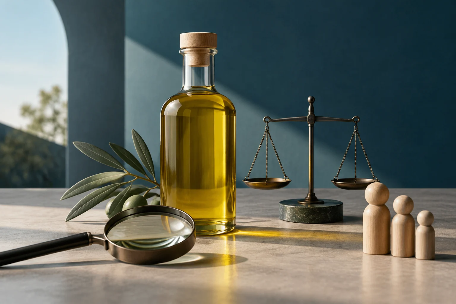 Una botella de aceite de oliva junto a una balanza, una lupa y varias figuras humanas de madera.