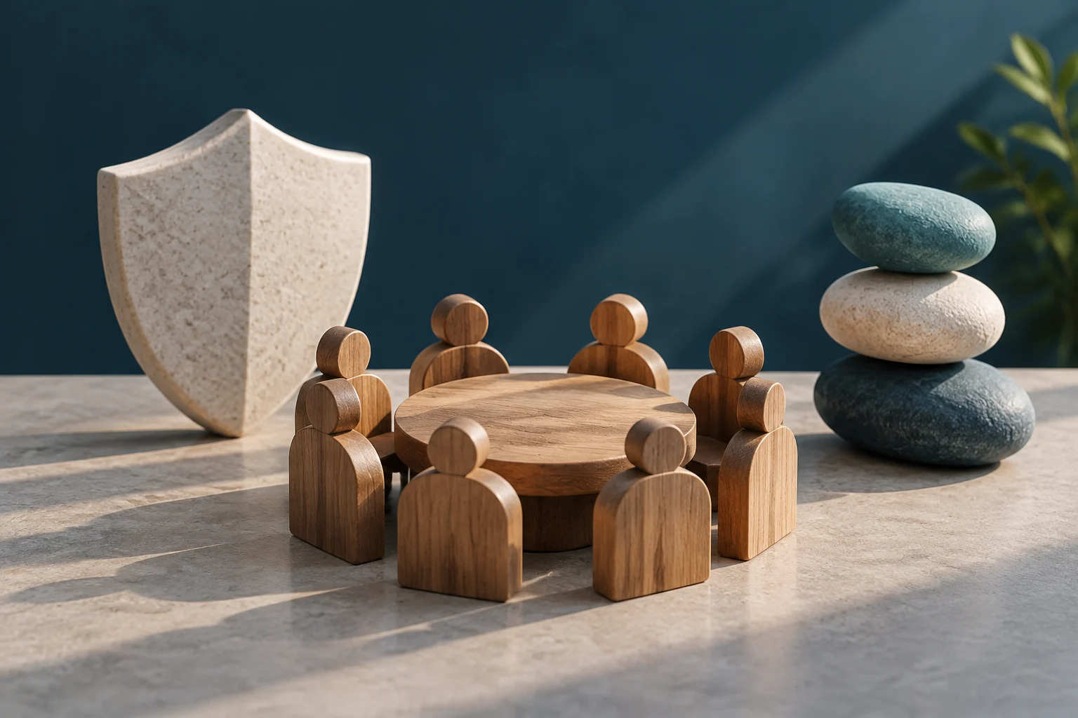 Figuras de madera dispuestas alrededor de una mesa redonda, con un escudo claro a un lado y tres piedras apiladas al otro.