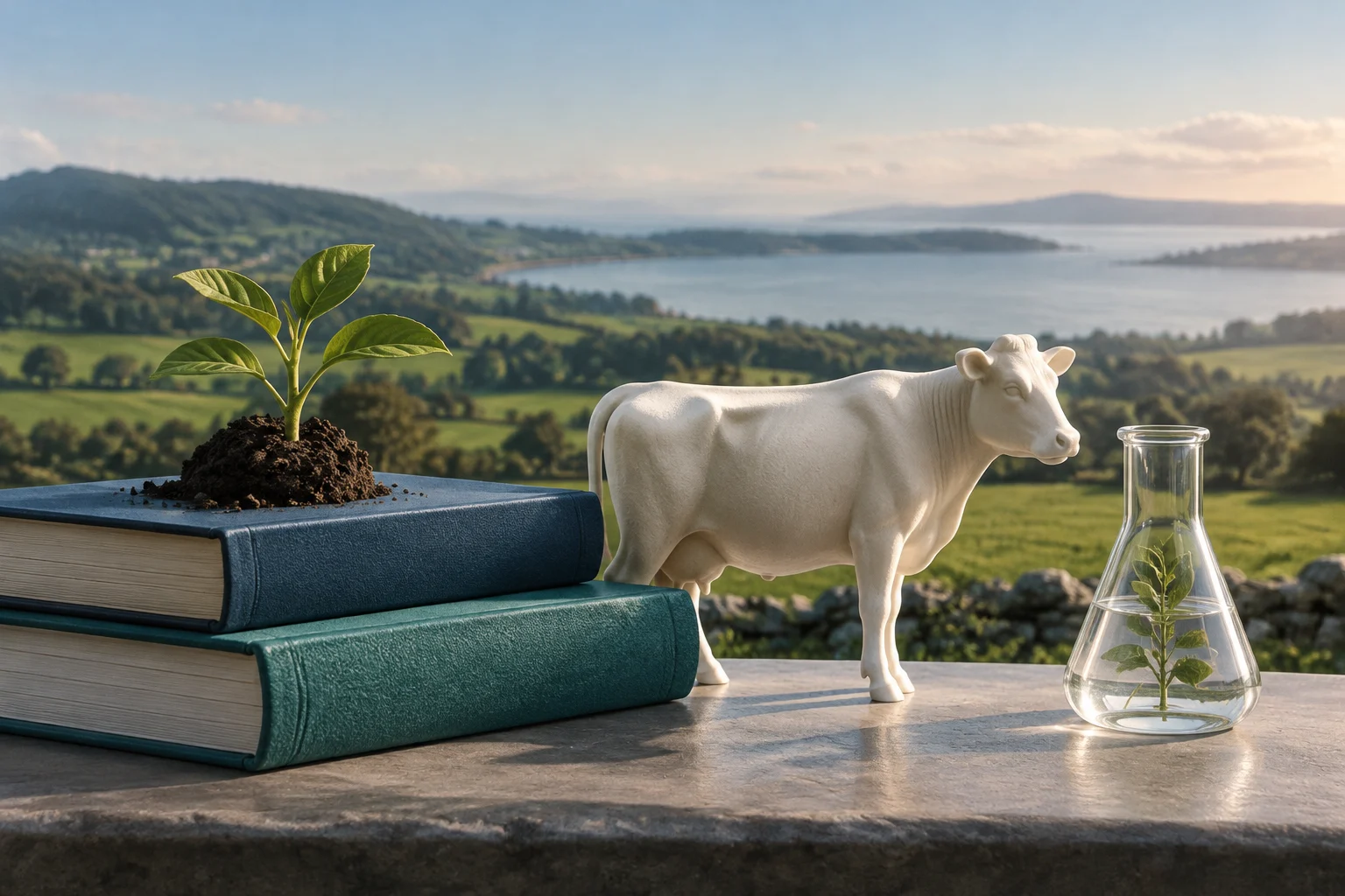 Una vaca blanca aparece junto a dos libros, una planta que brota de la tierra y un matraz con otra planta, frente a un paisaje rural de colinas y agua.