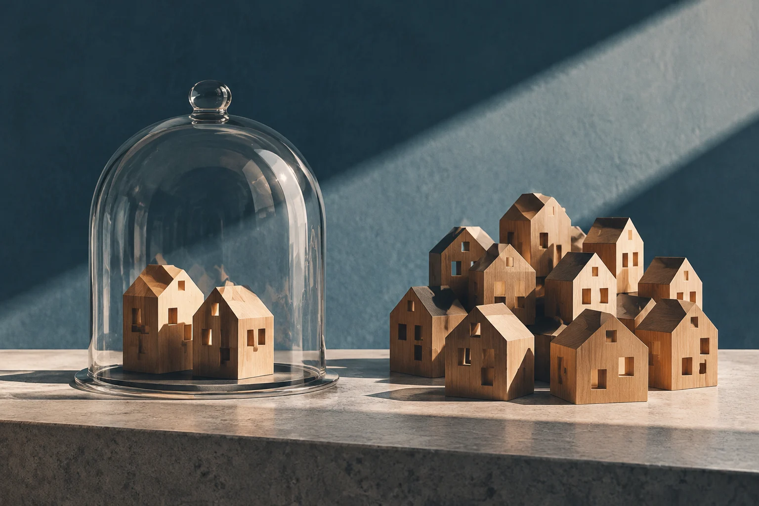 Dos pequeñas casas de madera están bajo una campana de cristal; a su lado se agrupa un conjunto mayor de casas similares sobre una superficie de piedra.