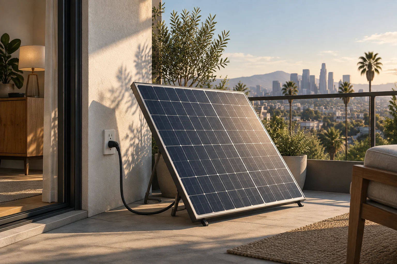 Un panel solar portátil está apoyado en una terraza y conectado mediante un cable a un enchufe en la pared; al fondo se ven plantas y edificios urbanos.