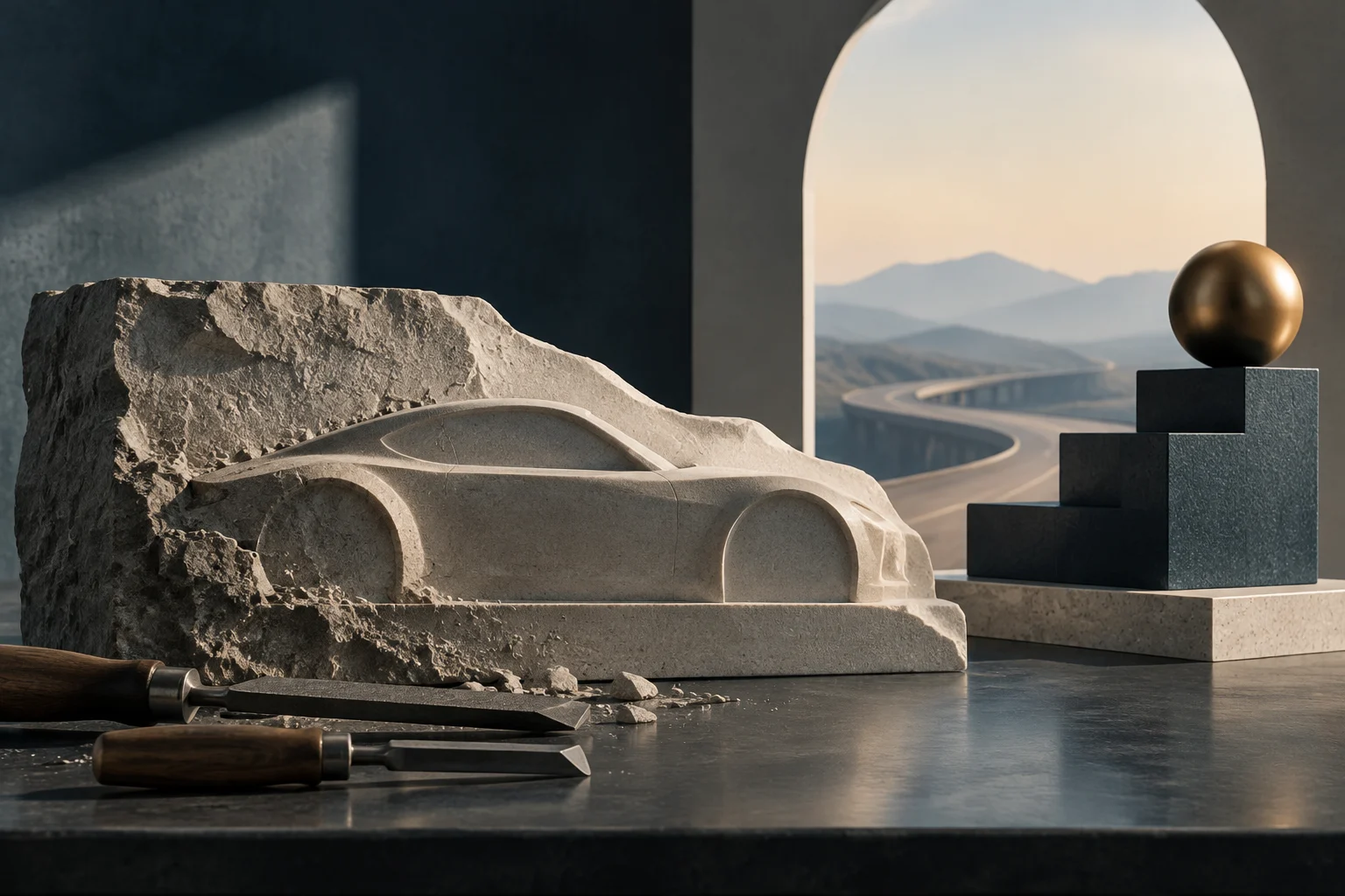 Una escultura de un automóvil tallada en piedra descansa sobre una mesa junto a herramientas de cincelado. Al fondo, una carretera serpentea entre montañas; a la derecha, una esfera dorada reposa sobre pedestales geométricos.