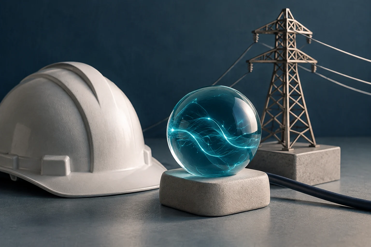 Un casco de obra y una torre de alta tensión rodean una esfera de vidrio azul con líneas luminosas, sobre pedestales de hormigón.