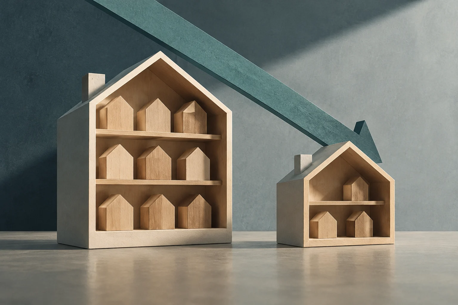 Dos estructuras de madera con forma de casa contienen pequeñas casas en estantes; una flecha grande desciende desde la estructura más grande hacia la más pequeña.