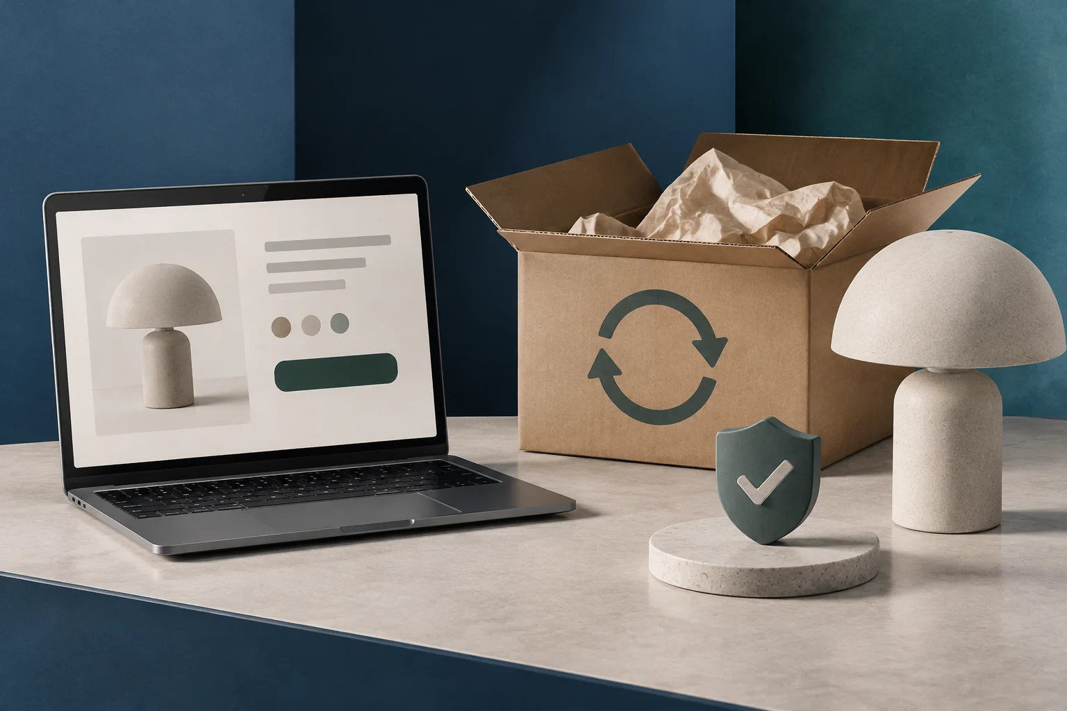 Un portátil con la imagen de una lámpara y una interfaz abstracta está junto a una caja abierta con flechas de retorno; delante hay otra lámpara y un escudo con una marca de verificación.