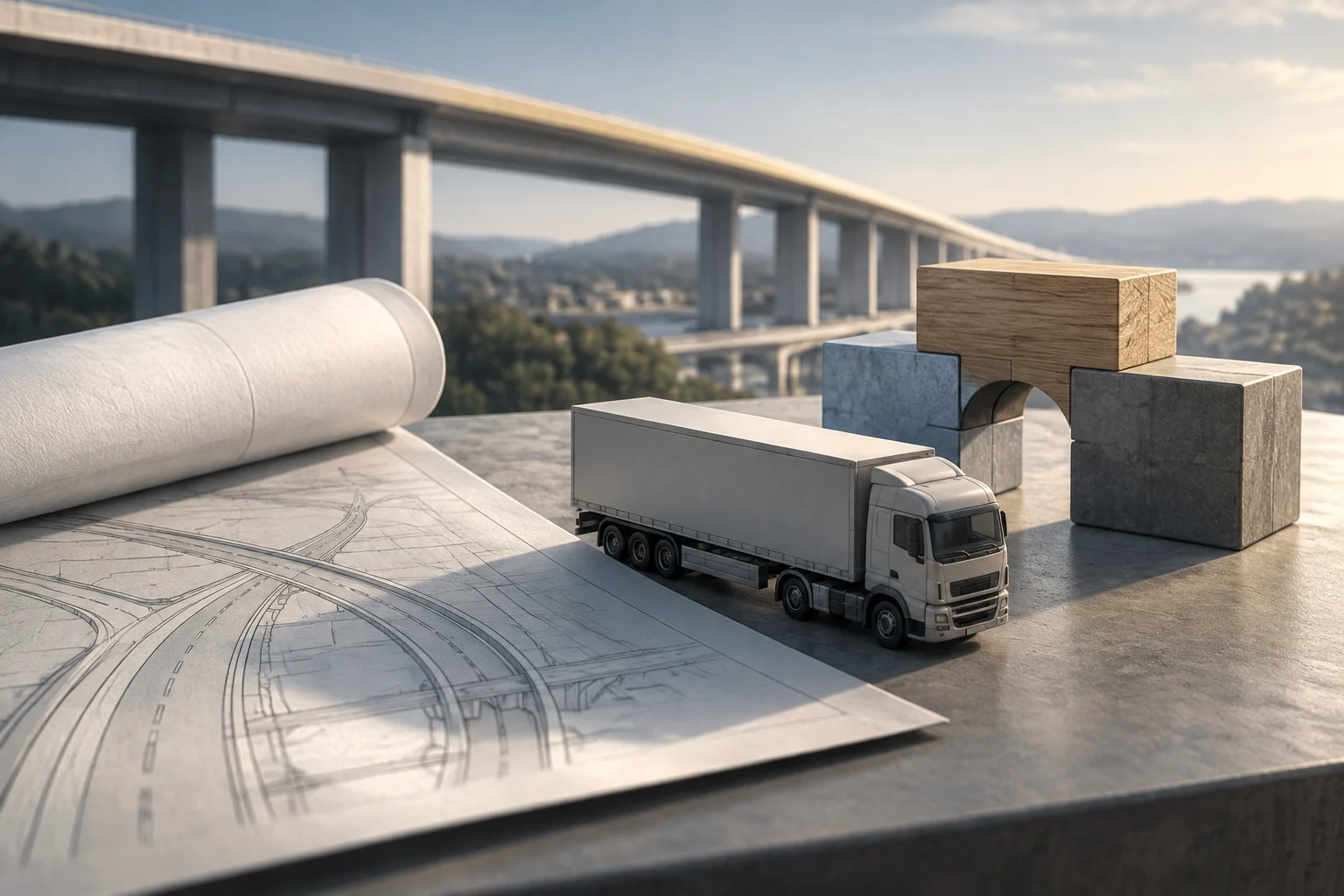 Un camión de carga está sobre una mesa junto a planos de carreteras; detrás hay un puente y varios bloques de construcción apilados.