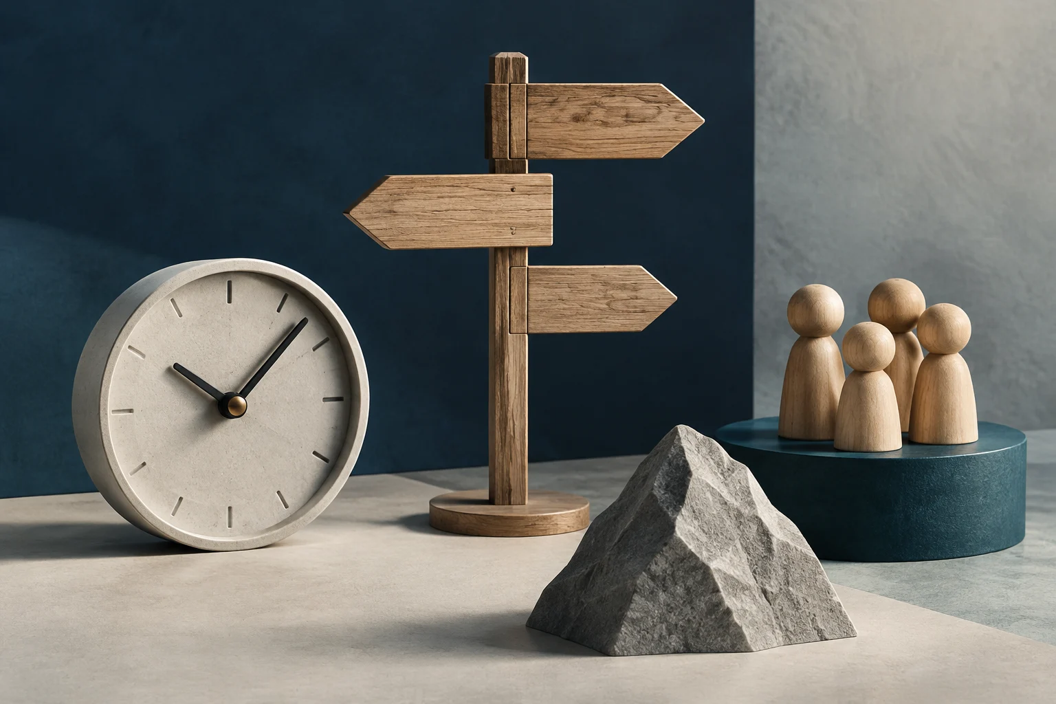 Un reloj analógico sin números, un poste con varias flechas de madera en distintas direcciones y cuatro figuras de madera sobre una base redonda; una roca ocupa el primer plano.
