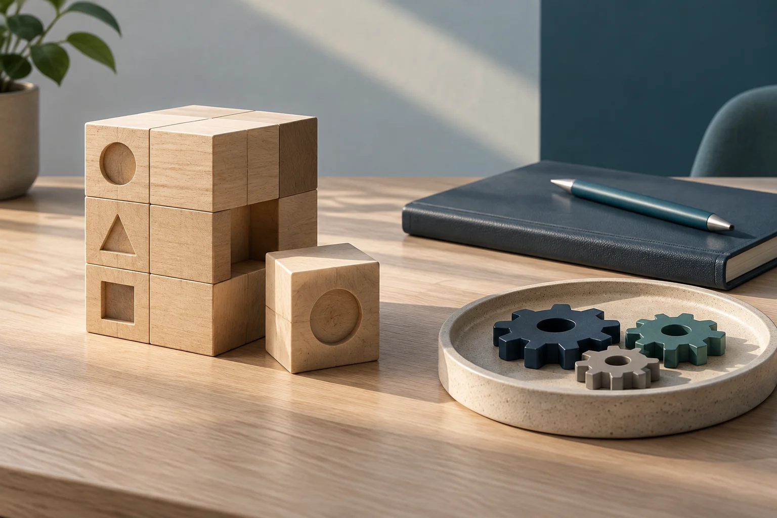 Bloques de madera con formas geométricas y varios engranajes sobre una mesa, junto a un cuaderno y un lápiz.