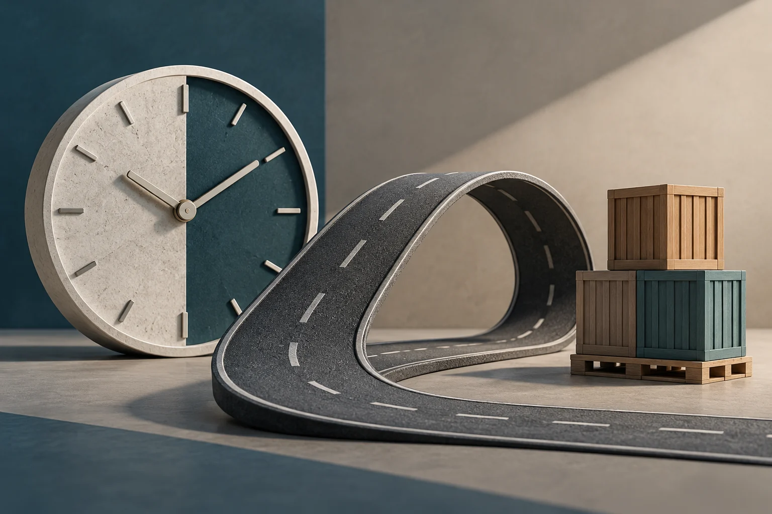 Un reloj grande junto a una carretera sinuosa de juguete y varias cajas apiladas sobre un palé.