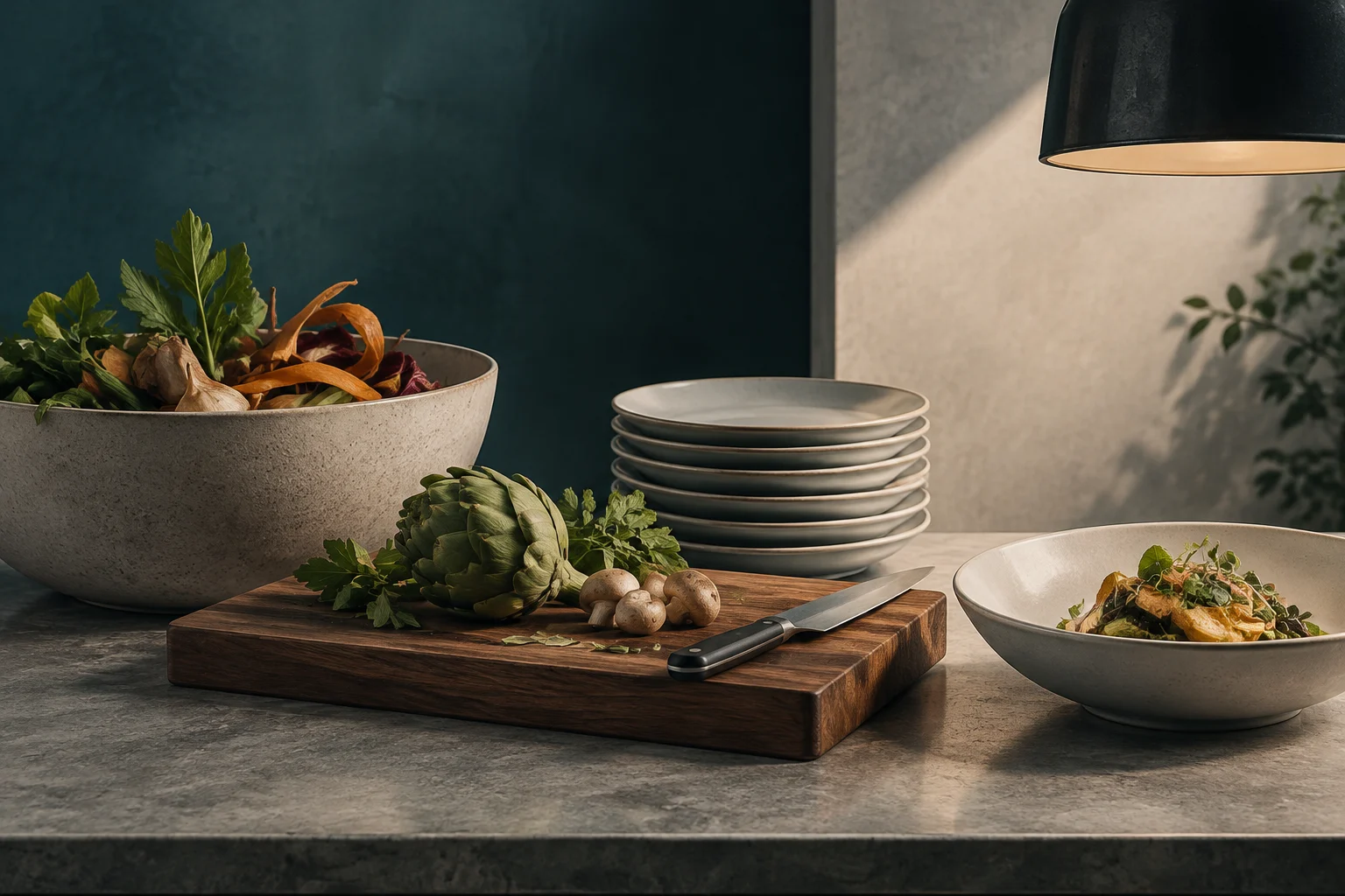 Una tabla de madera con alcachofas, hierbas, champiñones y un cuchillo; al lado hay un cuenco con restos de verduras, platos apilados y un plato preparado.