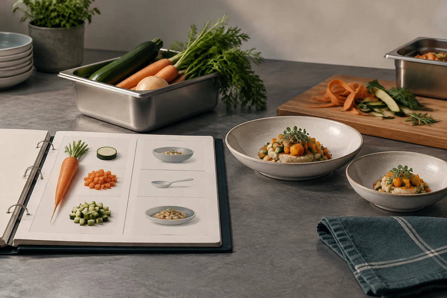 Una ficha de preparación abierta muestra dibujos de una zanahoria, calabacín y porciones de verduras junto a varios platos; al lado hay dos cuencos con raciones de distinto tamaño.