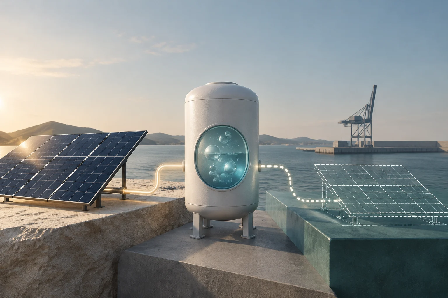 Ilustración de paneles solares junto a un depósito cilíndrico con burbujas visibles en una ventana circular, frente al mar y a una grúa portuaria.