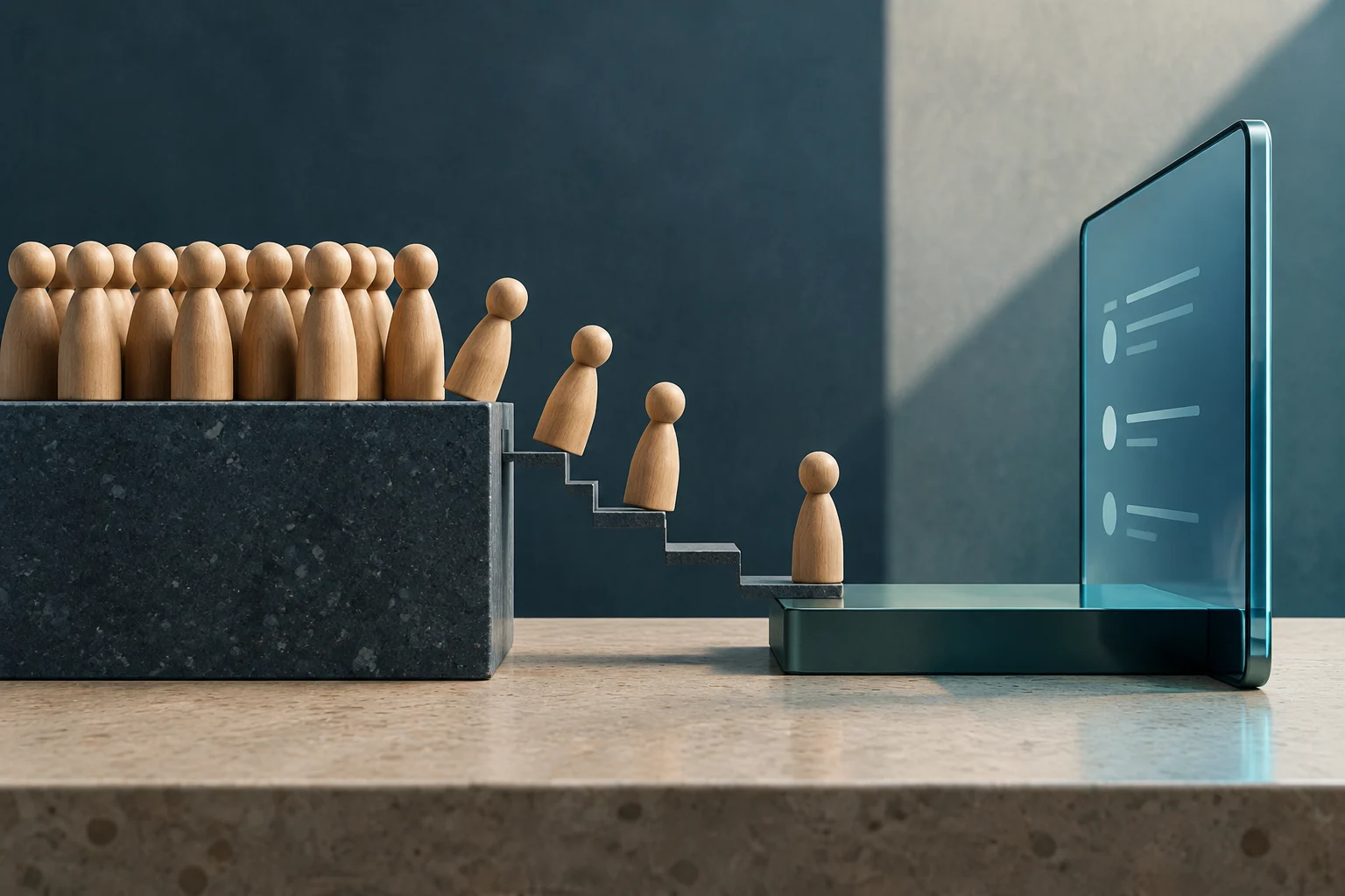 Varias figuras de madera descienden por una pequeña escalera y se reducen en número al acercarse a una pantalla digital azul con símbolos de interfaz.