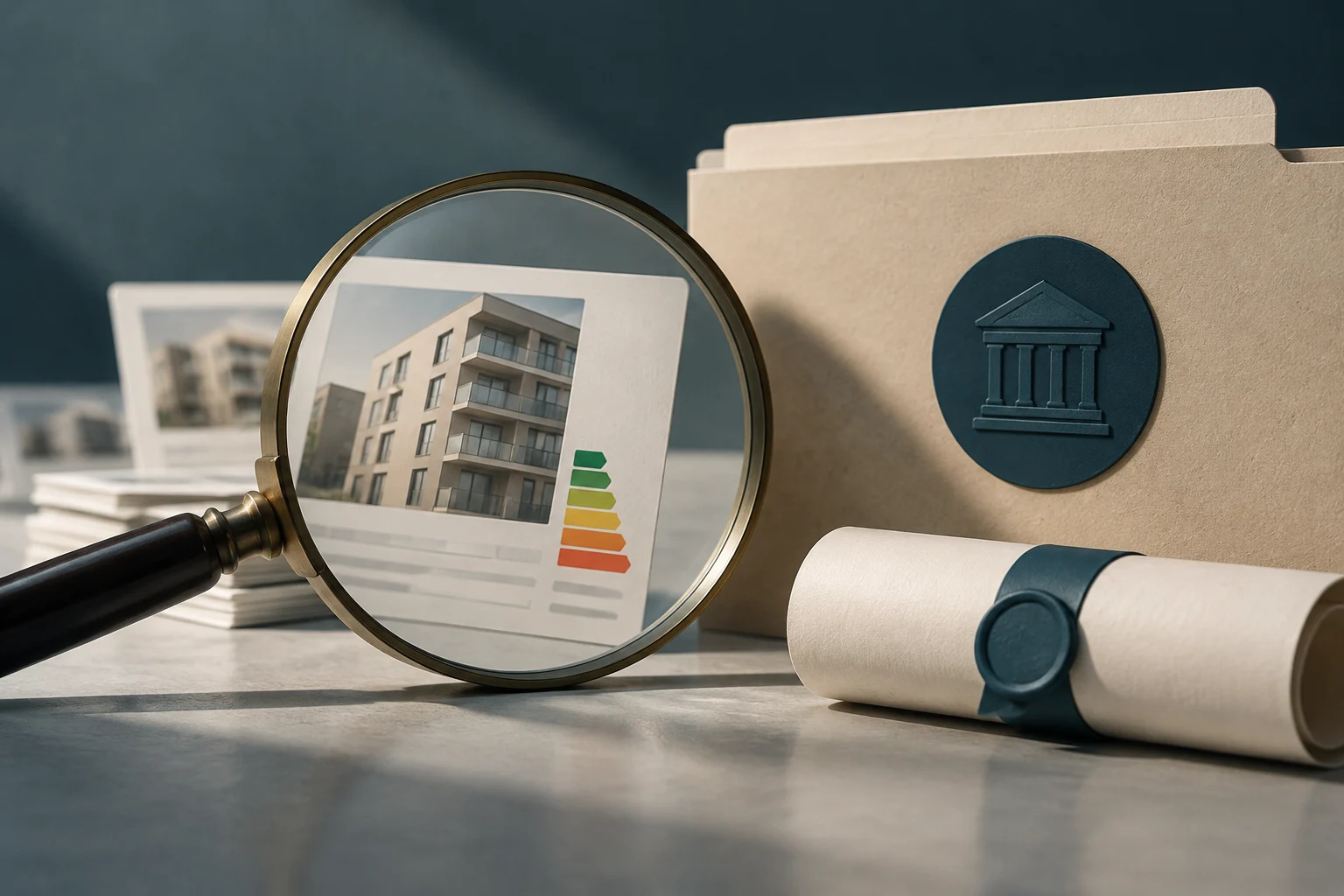 Una lupa destaca el anuncio de un edificio de viviendas con una escala de colores de eficiencia energética; al lado hay carpetas con un emblema institucional y documentos enrollados.