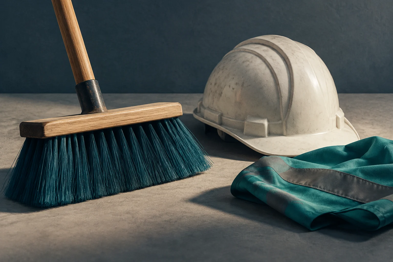 Una escoba de cerdas oscuras, un casco de obra blanco y una prenda de trabajo verde sobre una superficie gris.