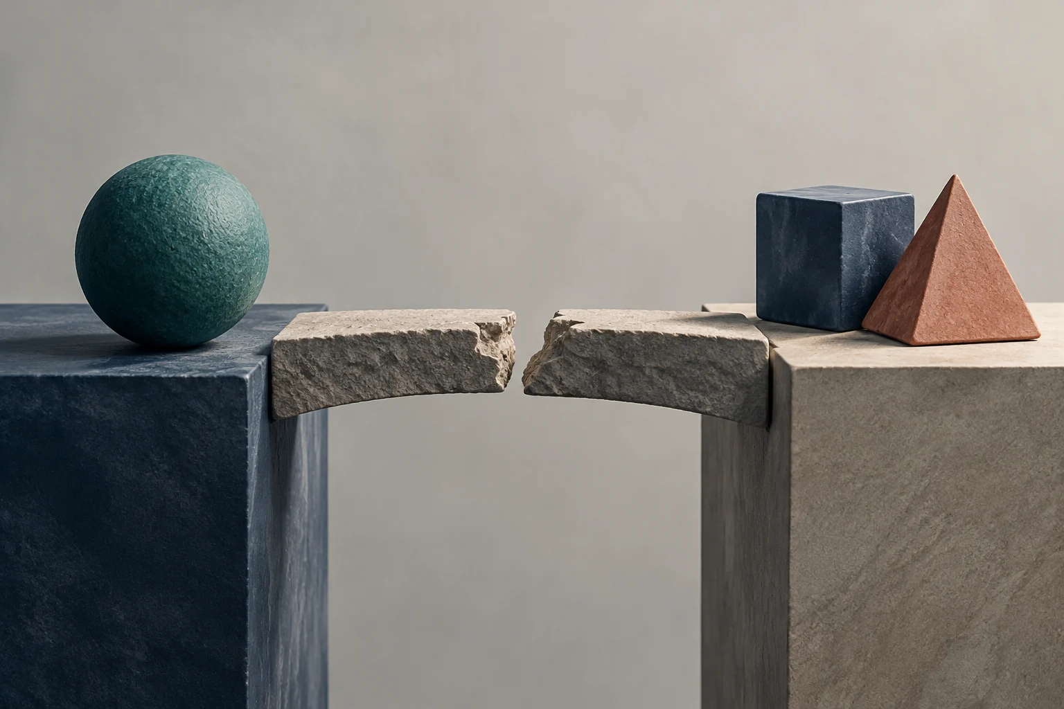 Una esfera verde oscura y varias formas geométricas de piedra descansan sobre dos plataformas separadas, unidas solo por fragmentos de un puente roto.