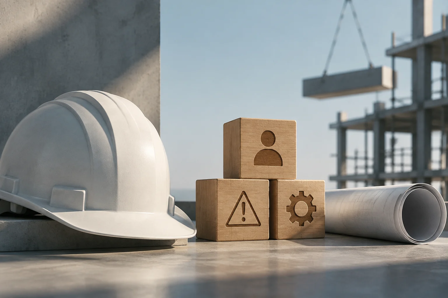 Un casco blanco y una tubería reposan delante de una obra en construcción. Tres bloques de madera muestran los símbolos de una persona, una señal de advertencia y un engranaje; al fondo, una grúa eleva una viga.